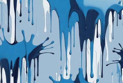 The primary subject of the image is a blue and white painting of dripping paint. The setting is a blue background, and the visual style appears to be a digital art or illustration. The colors and mood of the painting are predominantly blue and white, creating a sense of calm and tranquility.