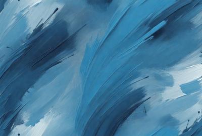 The primary subject of the image is a blue and white painting, which features a blue background and a white, swirling design. The setting is an art gallery, where the painting is displayed for viewers to appreciate. The visual style of the painting is a mix of digital art and traditional painting techniques, creating a unique and captivating piece of art. The dominant colors in the painting are blue and white, which contribute to a calming and serene atmosphere.