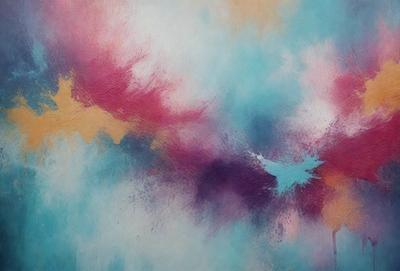 The primary subject of the image is a painting featuring a colorful background with a bird in the foreground. The setting is a canvas, and the visual style is a painting. The dominant colors in the painting are blue, purple, and pink, creating a vibrant and lively atmosphere.