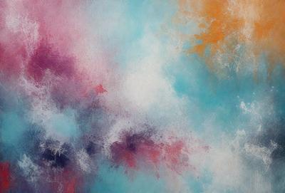 The primary subject of the image is a painting featuring a colorful, abstract design. The setting is a canvas, and the visual style is a mix of digital art and illustration. The dominant colors in the painting are blue, red, and purple, creating a vibrant and lively atmosphere.