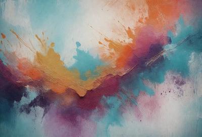 The primary subject of the image is a painting, which features a colorful and abstract design. The painting is displayed on a wall, and the setting includes a blue and orange background. The visual style of the painting is a mix of digital art and illustration, creating a vibrant and dynamic atmosphere. The dominant colors in the painting are blue, orange, and purple, which contribute to the overall mood of the artwork.