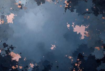 The primary subject of the image is a blue sky with a few clouds. The setting is a dark blue background, which creates a contrast with the clouds. The visual style is a combination of a photo and digital art, giving the image a unique and artistic appearance. The colors and mood of the image are predominantly dark and moody, with the blue sky and clouds providing a sense of depth and atmosphere.