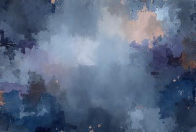 The primary subject of the image is a blue and white cloudy sky. The setting is a cloudy sky with a blue background. The visual style is a painting or a digital artwork, giving the image a unique and artistic appearance. The colors and mood of the image are predominantly blue and white, creating a serene and calming atmosphere.