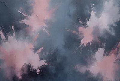 The primary subject of the image is a painting featuring a blue background with pink splatters. The setting is a canvas, and the visual style is a painting. The dominant colors are blue and pink, creating a mood of creativity and artistic expression.