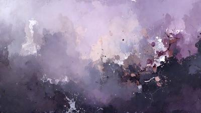 The primary subject of the image is a purple and white cloudy sky. The setting is a cloudy sky, and the visual style is a painting. The colors and mood of the image are predominantly purple and white, creating a serene and calming atmosphere.