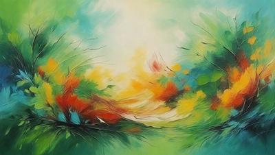 The primary subject of the image is a painting of a forest with vibrant colors. The setting is a lush green forest with trees and flowers. The visual style is a painting, and the colors and mood are bright and lively.
