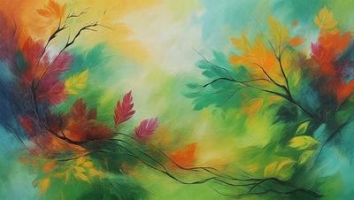 The primary subject of the image is a tree with a few leaves on it. The tree is surrounded by a vibrant and colorful environment, with a mix of green, yellow, and orange hues. The setting appears to be a forest, with the tree being the focal point of the scene. The visual style of the image is a painting, which adds to the overall atmosphere and mood of the scene.