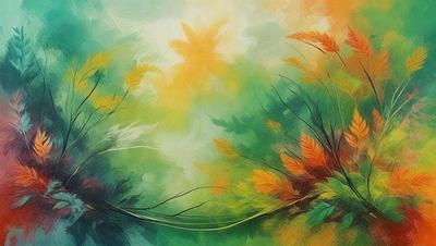 The primary subject of the image is a painting of a leafy green tree with yellow and orange leaves. The setting is a colorful, artistic background that complements the tree's vibrant colors. The visual style is a painting, which showcases the artist's skill in creating a realistic and lively scene. The colors and mood of the painting are lively and cheerful, with the green tree and vibrant yellow and orange leaves creating a sense of warmth and vitality.