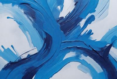 The primary subject of the image is a blue painting with a swirling design. The setting is a white background, and the visual style appears to be a digital art or illustration. The dominant colors in the painting are blue and white, creating a calm and serene atmosphere.