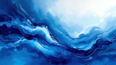 The primary subject of the image is a large body of blue water, possibly an ocean or a sea. The setting is a cloudy sky, which adds a dramatic and moody atmosphere to the scene. The visual style of the image is a painting, which showcases the artist's skill in capturing the beauty of the water and the sky. The dominant colors in the painting are blue and white, creating a serene and calming mood.