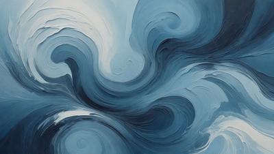 The primary subject of the image is a painting of a blue ocean with waves. The setting is a blue background, and the visual style appears to be a digital art or illustration. The dominant colors in the painting are blue and white, creating a serene and calming atmosphere.