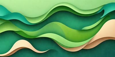 The primary subject of the image is a green, curved, and wavy paper sculpture. The setting is a green background, which complements the sculpture's color. The visual style is a combination of digital art and illustration, as the paper sculpture appears to be a digital creation. The colors and mood of the image are predominantly green, creating a serene and natural atmosphere.