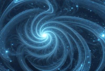 The primary subject of the image is a spiral galaxy, which is a swirling mass of stars and gas. The galaxy is set against a dark blue background, creating a striking contrast. The visual style of the image is a combination of photo and digital art, giving it a unique and intricate appearance. The colors and mood of the image are predominantly dark and moody, with the spiral galaxy being the main focal point.