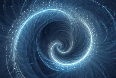 The primary subject of the image is a spiral, which is the main object, scene, or focus of the image. The spiral is set against a blue background, giving it a vibrant and lively appearance. The visual style of the image is digital art, as it is a computer-generated representation of the spiral. The dominant colors in the image are blue and white, creating a sense of depth and movement.