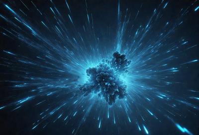 The primary subject of the image is a blue, swirling, and brightly lit space, which appears to be a digital art or illustration. The setting is a dark, starry background, and the visual style is a combination of bright colors and a sense of motion. The dominant colors are blue and white, creating a vibrant and energetic atmosphere.