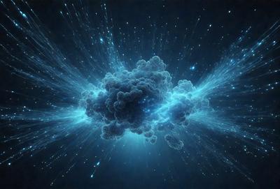 The primary subject of the image is a large, blue, cloud-like object. The setting is a dark, starry sky, with the cloud floating in the middle of the scene. The visual style appears to be a combination of digital art and illustration, creating a unique and captivating image. The dominant colors are blue and black, giving the scene a moody and dramatic atmosphere.