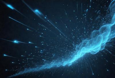 The primary subject of the image is a blue, swirling, and sparkling light, which appears to be a nebula or a star. The setting is a dark, starry sky, with the light being the main focus of the scene. The visual style is a combination of a photo and digital art, creating a unique and captivating image. The dominant colors are blue and white, with the blue light creating a sense of depth and the white sparkles adding a sense of motion and dynamism to the scene.