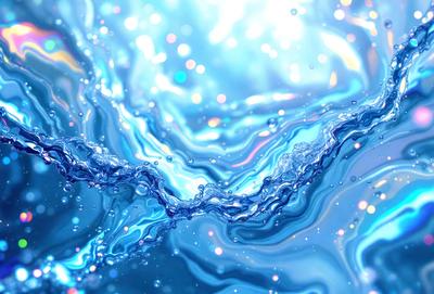 The primary subject of the image is a blue water surface, possibly a pool or a body of water. The setting is a bright, sunny day, with the sunlight reflecting off the water. The visual style is a combination of a photo and digital art, creating a unique and vibrant atmosphere. The dominant colors are blue and white, with the blue water and white sunlight creating a serene and calming mood.