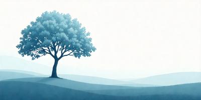 The primary subject of the image is a tree, which is prominently featured in the foreground. The setting is a grassy field, and the visual style is a digital art or illustration. The colors in the image are predominantly blue, creating a calm and serene atmosphere.