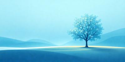 The primary subject of the image is a tree, which is the main object, scene, or focus of the image. The tree is situated in a field, which serves as the setting or background. The visual style of the image is digital art, as it is a digital painting. The colors and mood of the image are predominantly blue, creating a calm and serene atmosphere.