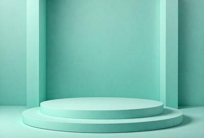 The primary subject of the image is a large, round, white surface with a blue background. The setting appears to be a room with a blue wall, and the visual style is a photo. The dominant colors are blue and white, creating a calm and serene atmosphere.