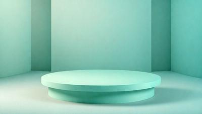 The primary subject of the image is a large, round, light blue table. The table is placed in a setting with a green background, which creates a visually appealing contrast. The visual style of the image is a photo, capturing the details of the table and its surroundings. The colors and mood of the image are predominantly green and blue, giving it a calm and serene atmosphere.