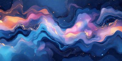 The primary subject of the image is a colorful, swirling, and abstract design that resembles a galaxy or a flowing river. The setting is a dark blue background, which contrasts with the vibrant colors of the design. The visual style is a combination of digital art and illustration, creating a unique and captivating piece of art. The dominant colors are blue, purple, and orange, which evoke a sense of depth, tranquility, and energy.