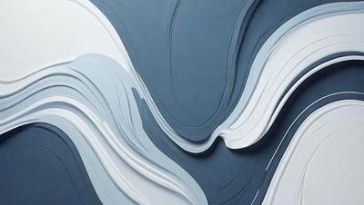 The primary subject of the image is a large, abstract painting featuring a blue background and a white, swirling design. The setting is a gallery or exhibition space, showcasing the artwork. The visual style is a combination of digital art and illustration, creating a unique and captivating piece. The dominant colors are blue and white, giving the painting a calming and serene atmosphere.