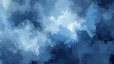The primary subject of the image is a cloudy blue sky with a few white clouds. The setting is a nighttime sky, and the visual style is a painting or drawing. The colors and mood of the image are predominantly blue and dark, creating a serene and moody atmosphere.