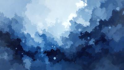 The primary subject of the image is a cloudy blue sky with a few white clouds. The setting is a vast, open space with no visible landmarks or objects. The visual style is a combination of digital art and illustration, creating a unique and artistic representation of the sky. The colors and mood of the image are predominantly blue and calm, with the white clouds adding a touch of softness and tranquility to the scene.