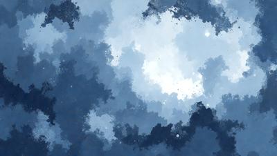 The primary subject of the image is a cloudy blue sky with a few white clouds. The setting is a nighttime scene, with the sky being the main focus. The visual style is a combination of digital art and illustration, creating a unique and artistic representation of the sky. The colors and mood of the image are predominantly blue and dark, giving it a somewhat moody and dramatic atmosphere.