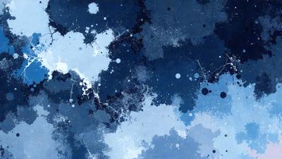 The primary subject of the image is a blue and white painting or drawing of a cloudy sky. The setting is a dark blue background, which contrasts with the lighter blue and white colors of the cloudy sky. The visual style appears to be a combination of digital art and traditional painting techniques. The colors and mood of the image are predominantly dark and moody, with the blue and white clouds creating a sense of depth and atmosphere.