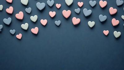 The primary subject of the image is a collection of hearts, which are arranged in a pattern on a blue background. The hearts come in various colors, including pink, blue, and white. The visual style of the image is a combination of photo and digital art, creating a unique and eye-catching display. The overall atmosphere of the image is cheerful and playful, with the hearts symbolizing love and affection.