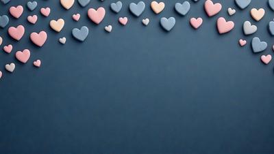 The primary subject of the image is a blue wall with a row of hearts attached to it. The hearts are made of various colors, including pink, white, and blue. The setting is a room with a blue background, and the visual style is a combination of digital art and illustration. The colors and mood of the image are predominantly blue and heartwarming, creating a cozy and inviting atmosphere.