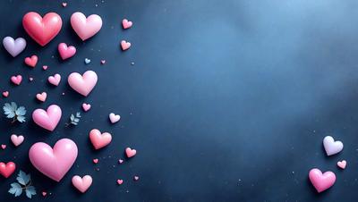 The primary subject of the image is a collection of hearts, which are scattered across the scene. The hearts are in various sizes and positions, creating a visually appealing and playful display. The setting is a dark blue background, which contrasts with the bright pink hearts. The visual style of the image is a combination of digital art and illustration, giving it a unique and creative appearance. The overall atmosphere of the image is cheerful and uplifting, with the hearts symbolizing love and positivity.