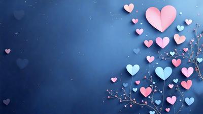 The primary subject of the image is a heart-shaped decoration made of paper or cardboard, which is attached to a blue wall. The heart is adorned with pink and blue hearts, creating a visually appealing and colorful display. The setting is a blue wall, which serves as the backdrop for the heart decoration. The visual style of the image is a combination of digital art and illustration, as the heart is crafted to resemble a tree with branches. The colors and mood of the image