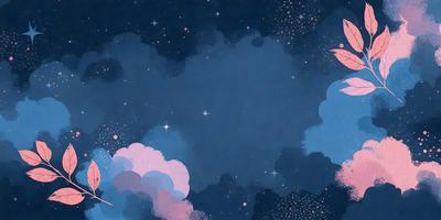 The primary subject of the image is a cloudy blue sky filled with stars. The setting is a nighttime scene with a dark blue background. The visual style is a combination of digital art and illustration, creating a vibrant and colorful atmosphere. The dominant colors are blue and white, with the stars adding a touch of brightness to the scene.