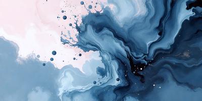 The primary subject of the image is a blue and white painting of a tree. The setting is a blue background, and the visual style appears to be a digital art or illustration. The dominant colors in the painting are blue and white, creating a calm and serene atmosphere.