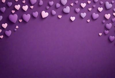Purple heart-shaped decorations are scattered across a purple background.