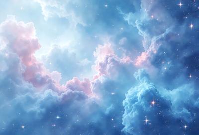 The primary subject of the image is a beautiful, colorful, and vibrant cloudy sky. The setting is a vast, open space with a backdrop of a blue and pink cloudy sky. The visual style of the image is a combination of photo and digital art, creating a stunning and captivating scene. The colors and mood of the image are predominantly blue and pink, giving it a serene and calming atmosphere.