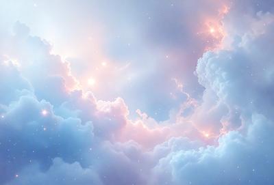 The primary subject of the image is a beautiful, colorful cloudy sky. The setting is a vast, open space with a backdrop of a cloudy sky. The visual style is a combination of a photo and digital art, creating a vibrant and lively atmosphere. The colors and mood are predominantly pink and blue, giving the scene a serene and peaceful ambiance.