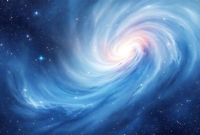 The primary subject of the image is a swirling, spiraling, and twisting blue and white galaxy. The galaxy is set against a backdrop of a starry night sky, which adds to the overall atmosphere of the scene. The visual style of the image is a combination of photo and digital art, creating a unique and captivating representation of the galaxy. The colors and mood of the image are predominantly blue and white, with a sense of depth and movement, as the galaxy swirls and tw