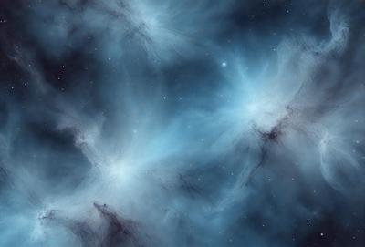 The primary subject of the image is a beautiful, blue nebula with a starry background. The visual style of the image is a combination of a photo and digital art, creating a stunning and detailed representation of the celestial scene. The colors and mood of the image are predominantly blue, with a sense of wonder and awe, as the viewer is drawn into the depths of the nebula.