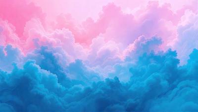 The primary subject of the image is a beautiful, colorful cloudy sky. The setting is a vast, open space with a backdrop of clouds. The visual style is a combination of photo and digital art, creating a vibrant and lively atmosphere. The colors and mood are predominantly blue and pink, giving the scene a sense of tranquility and serenity.