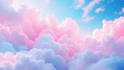 The primary subject of the image is a cloudy sky filled with pink and white clouds. The setting is a bright, sunny day with a blue sky in the background. The visual style is a combination of photo and digital art, creating a vibrant and colorful atmosphere. The dominant colors are pink and white, giving the scene a soft and dreamy mood.