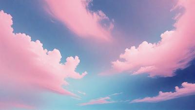 The primary subject of the image is a cloudy sky with pink and blue hues. The setting is a vast, open space with no visible landmarks or objects. The visual style is a combination of photo and digital art, creating a unique and artistic representation of the sky. The colors and mood of the image are predominantly pink and blue, giving it a serene and calming atmosphere.