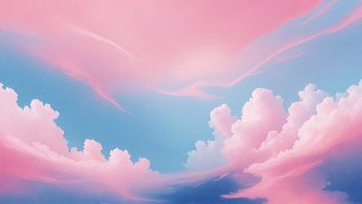 The primary subject of the image is a cloudy sky with pink and blue hues. The setting is a cloudy sky with a pink and blue background. The visual style is a digital art or illustration, creating a vibrant and colorful atmosphere. The colors and mood of the image are predominantly pink and blue, giving it a warm and inviting feel.