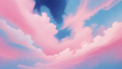 The primary subject of the image is a cloudy sky with pink and blue hues. The setting is a cloudy day, and the visual style appears to be a painting or digital art. The colors and mood of the image are predominantly pink and blue, creating a serene and calming atmosphere.