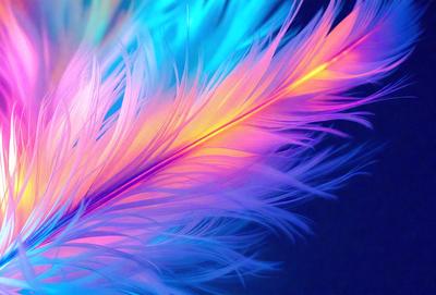 The primary subject of the image is a close-up of a colorful feather, showcasing its vibrant hues and intricate patterns. The setting is a dark background, which contrasts with the bright colors of the feather. The visual style is a combination of a photo and digital art, as the feather appears to be a part of a larger, more complex design. The colors and mood of the image are lively and captivating, with the feather's vivid colors and the contrasting
