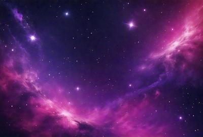 The primary subject of the image is a purple and pink starry sky filled with stars. The setting is a dark, star-filled sky, and the visual style is a digital art or illustration. The colors and mood of the image are predominantly purple and pink, creating a serene and dreamy atmosphere.